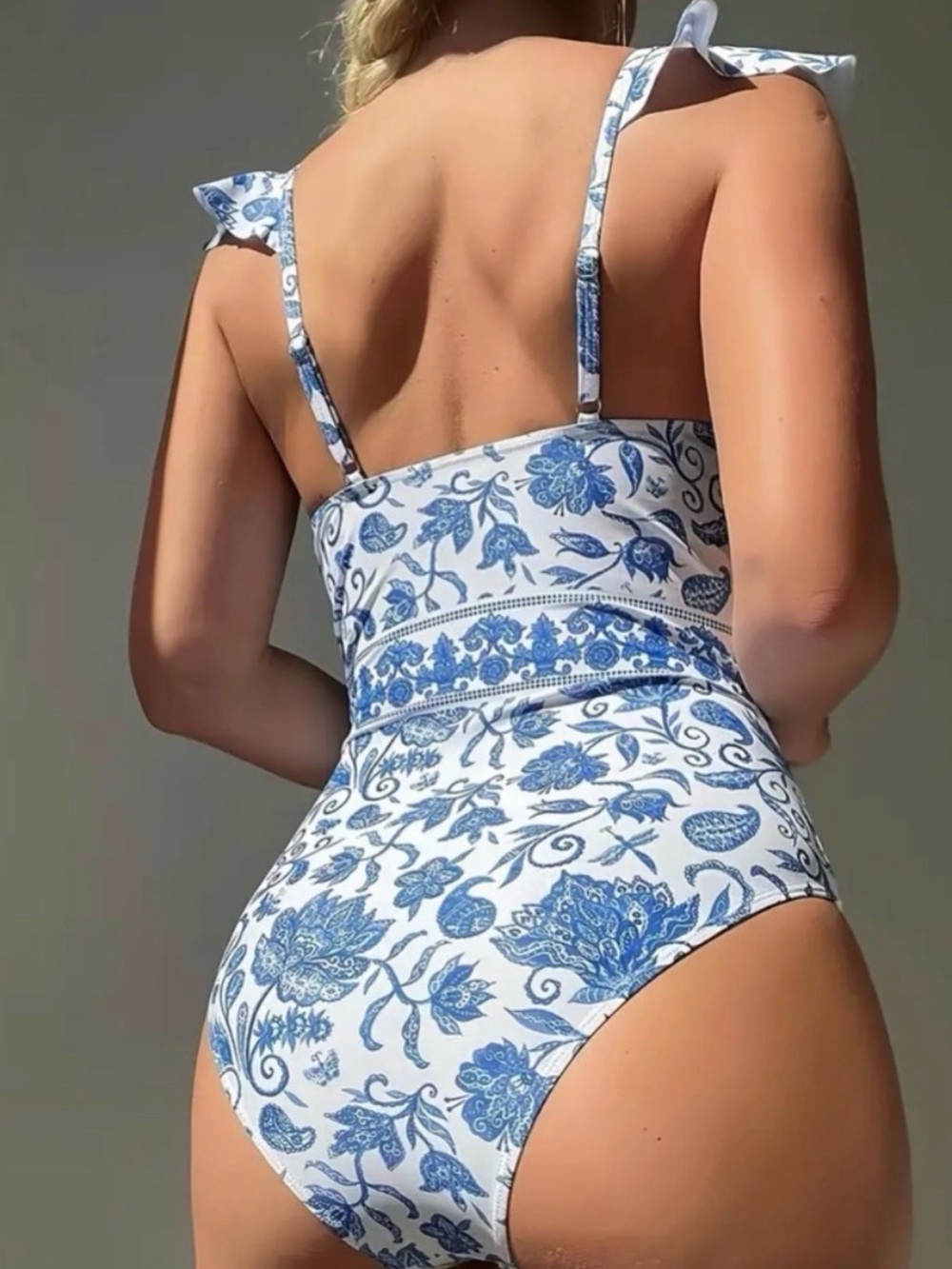 Blue Floral Print V Neck Push Up One Piece Swimsuit - Picture 3 of 8